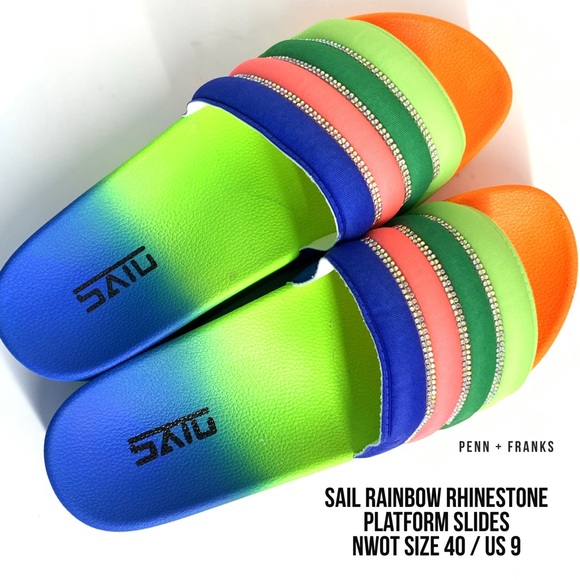 Sail Shoes - Sail Rainbow Rhinestone Platform Slides NWOT Sz 10